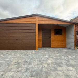 Garaż blaszany 6x6, dwuspadowy, jednostanowiskowy, z pomieszczeniem gosp