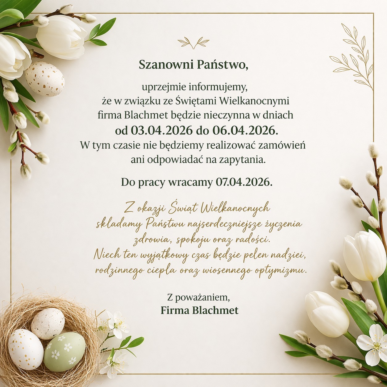 Życzenia wielkanocne od firmy Blachmet